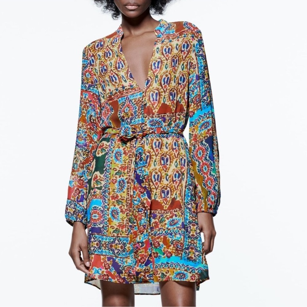 NWT ZARA MULTICOLORED PRINTED DRESS WITH BELT SIZE XS
